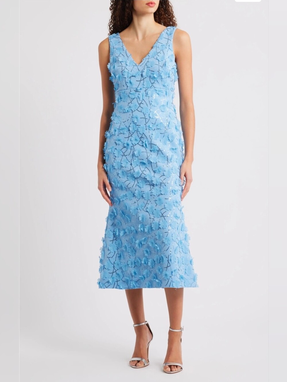 Eliza J Sky Blue Floral 3D Appliqué Midi Dress